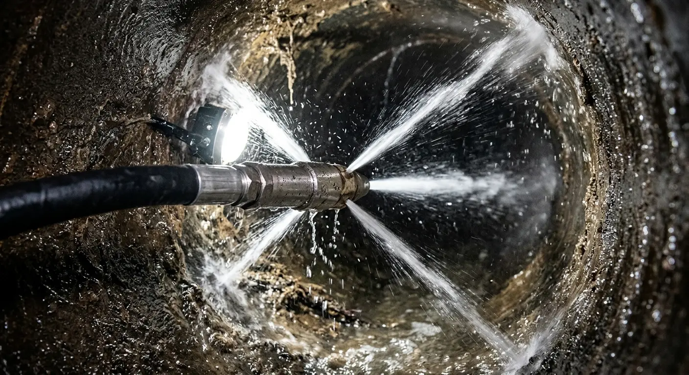 High-pressure hydro jetting nozzle cleaning sewer pipe for Emergency Drain Service in Pace